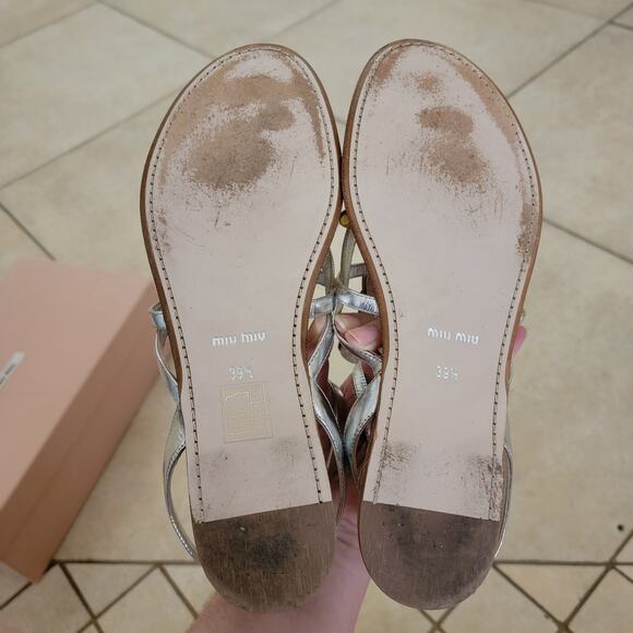 Miu Miu Crystal Parrot Metallic Sandals Silver Gold Embellished Flats 39.5 9.5 - Picture 11 of 12